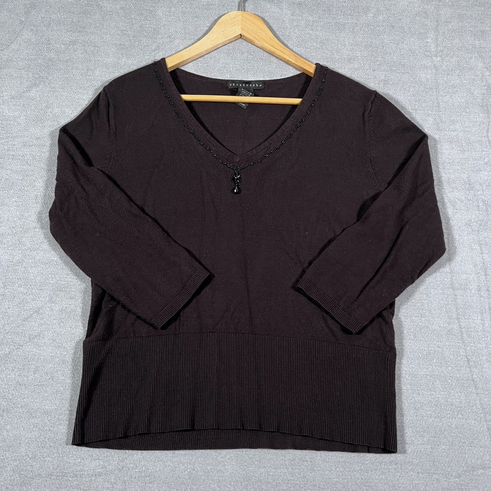 Apostrophe Beaded V-Neck 3/4 Sleeve Pullover Sweater Girls L Brown Rayon Blend